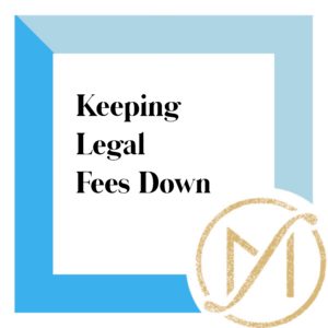 Square with blue border and the words "Keeping legal fees down" in blacj with the freed marcroft divorce and family law logo in the lower right corner.