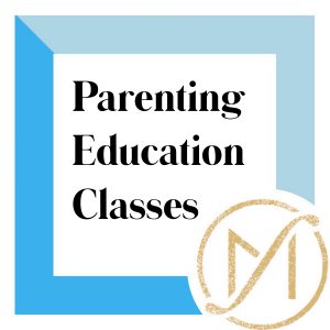 Blue border with “Parenting Education Classes” in black lettering and the gold Freed Marcroft LLC divorce and family law attorneys logo in the lower right corner.
