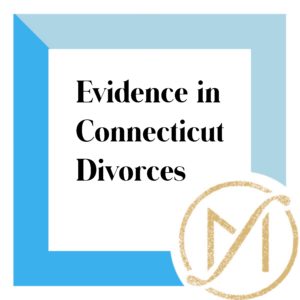 Dark and light blue border around a white bacground and the black writing that says evidence in Connecticut divorces
