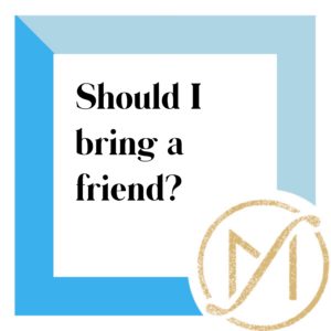 Blue border with the black words "Should I bring a friend?" 