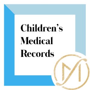 Blue box with the words children's medical records" in black font and the gold freed marcroft divorce attorneys logo in the lower right corner.