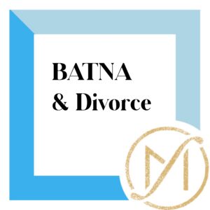 The black words "BATNA & Divorce with the gold Freed Marcroft Family Law logo in the lower right hand corner on a white background with a blue border.
