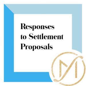 The words "responses to settlement proposals on a white background with a blue border.