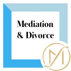 Black letters that say "mediation & divorce" on a white background with a blue border and the gold freed marcroft divorce and family law logo in the lower right hand corner.