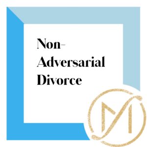 Two-tone blue border with the words "Non-adversarial divorce" written in black.