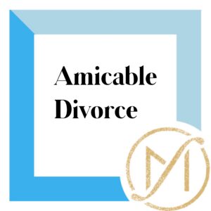 In black text the words "amicable divorce" on a white background with a blue border.